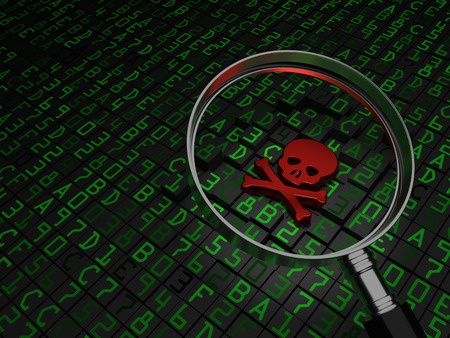 41010392 - malware, virus, ransomware, red skull laying on hex data.