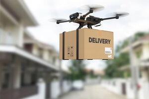 Delivery drone, Autonomous delivery robot, Business air transportation concept. 3D illustration