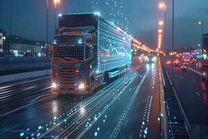 Logistics means of transport together with technological and futuristic holograms