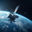 Spaceship orbits planet, surveilling for alien discovery in outer space generated by artificial intelligence