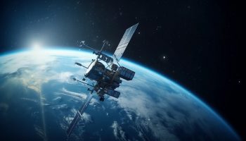 Spaceship orbits planet, surveilling for alien discovery in outer space generated by artificial intelligence
