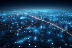 A city skyline with connecting lines