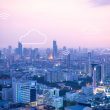 A city skyline during sunset