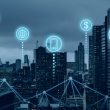 A city skyline with connectivity bubbles
