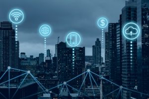 A city skyline with connectivity bubbles