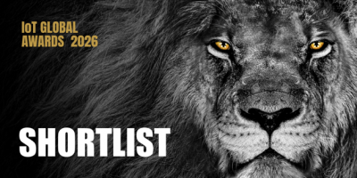 IoT Global Awards 2026 shortlist banner, showing a lion’s face in black and white with the words IoT Global Awards 2026 and Shortlist